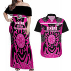 Custom Sydney Sixers Couples Matching Off Shoulder Maxi Dress and Hawaiian Shirt We Are The Champions Aboriginal Art