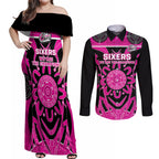 Custom Sydney Sixers Couples Matching Off Shoulder Maxi Dress and Long Sleeve Button Shirt We Are The Champions Aboriginal Art