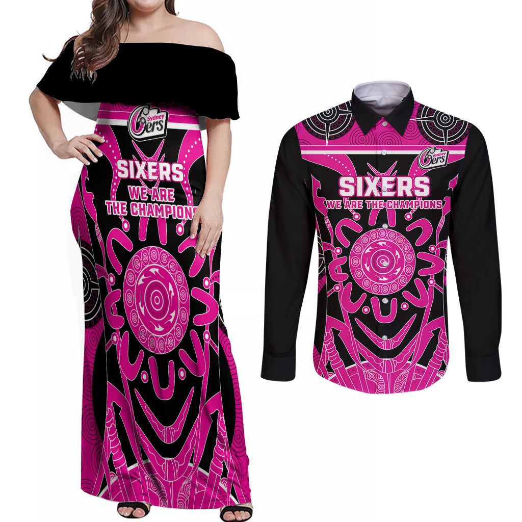 Custom Sydney Sixers Couples Matching Off Shoulder Maxi Dress and Long Sleeve Button Shirt We Are The Champions Aboriginal Art