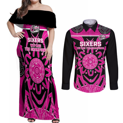 Custom Sydney Sixers Couples Matching Off Shoulder Maxi Dress and Long Sleeve Button Shirt We Are The Champions Aboriginal Art