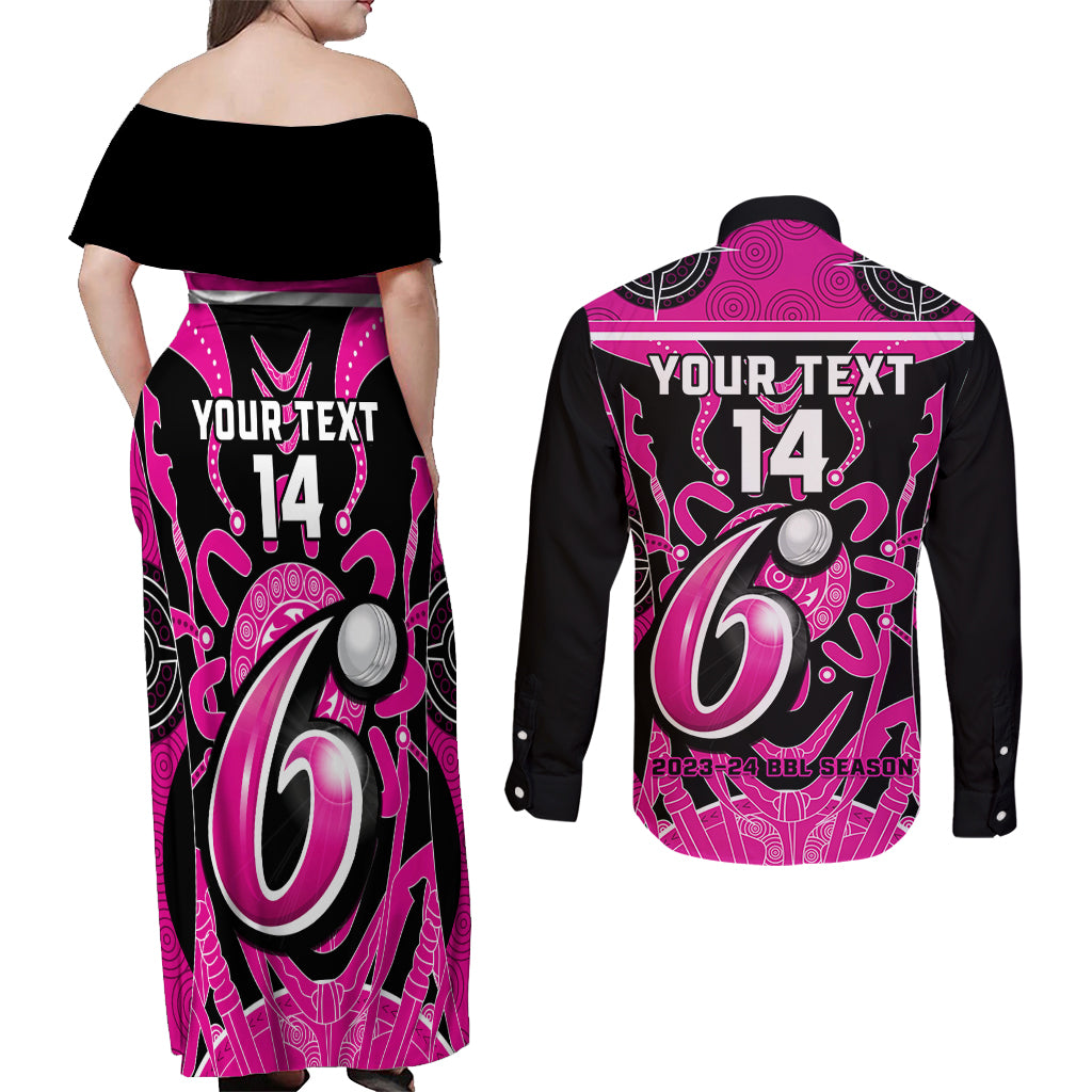 Custom Sydney Sixers Couples Matching Off Shoulder Maxi Dress and Long Sleeve Button Shirt We Are The Champions Aboriginal Art