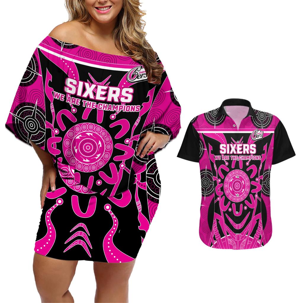 Custom Sydney Sixers Couples Matching Off Shoulder Short Dress and Hawaiian Shirt We Are The Champions Aboriginal Art