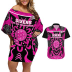Custom Sydney Sixers Couples Matching Off Shoulder Short Dress and Hawaiian Shirt We Are The Champions Aboriginal Art