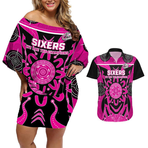 Custom Sydney Sixers Couples Matching Off Shoulder Short Dress and Hawaiian Shirt We Are The Champions Aboriginal Art