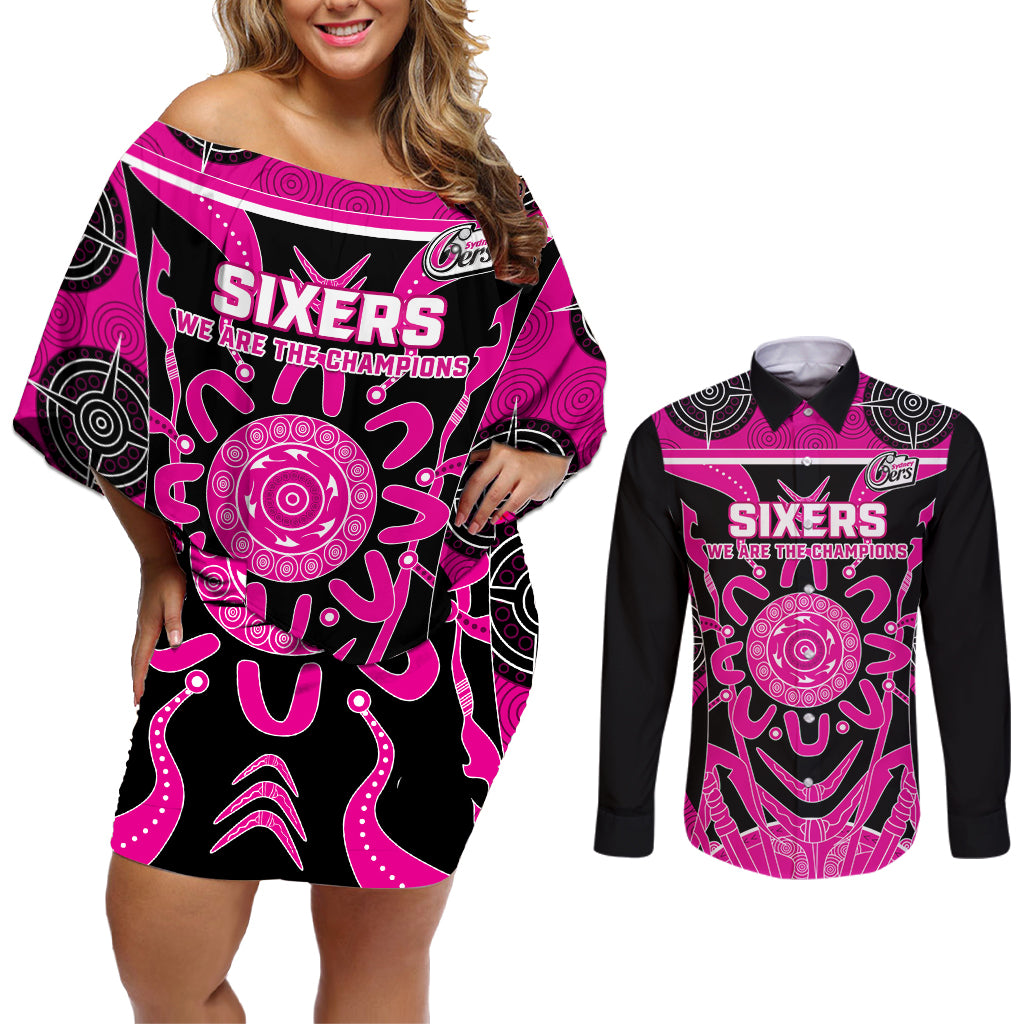 Custom Sydney Sixers Couples Matching Off Shoulder Short Dress and Long Sleeve Button Shirt We Are The Champions Aboriginal Art