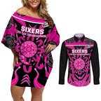 Custom Sydney Sixers Couples Matching Off Shoulder Short Dress and Long Sleeve Button Shirt We Are The Champions Aboriginal Art