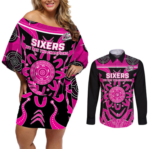 Custom Sydney Sixers Couples Matching Off Shoulder Short Dress and Long Sleeve Button Shirt We Are The Champions Aboriginal Art