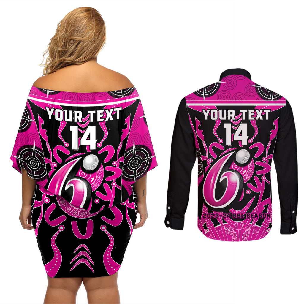 Custom Sydney Sixers Couples Matching Off Shoulder Short Dress and Long Sleeve Button Shirt We Are The Champions Aboriginal Art