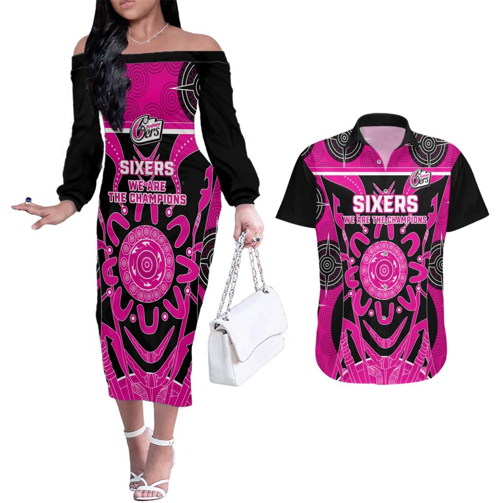 Custom Sydney Sixers Couples Matching Off The Shoulder Long Sleeve Dress and Hawaiian Shirt We Are The Champions Aboriginal Art