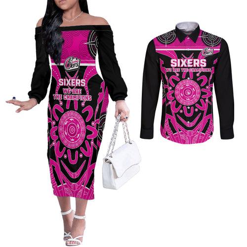 Custom Sydney Sixers Couples Matching Off The Shoulder Long Sleeve Dress and Long Sleeve Button Shirt We Are The Champions Aboriginal Art