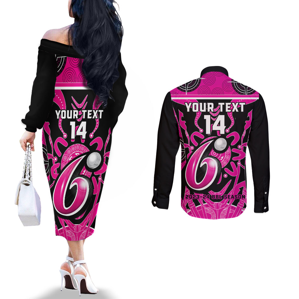 Custom Sydney Sixers Couples Matching Off The Shoulder Long Sleeve Dress and Long Sleeve Button Shirt We Are The Champions Aboriginal Art