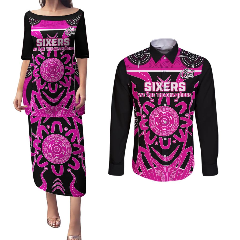 Custom Sydney Sixers Couples Matching Puletasi and Long Sleeve Button Shirt We Are The Champions Aboriginal Art
