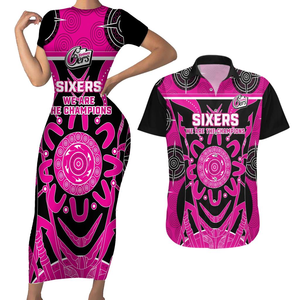 Custom Sydney Sixers Couples Matching Short Sleeve Bodycon Dress and Hawaiian Shirt We Are The Champions Aboriginal Art