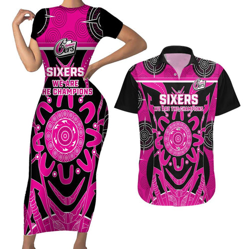Custom Sydney Sixers Couples Matching Short Sleeve Bodycon Dress and Hawaiian Shirt We Are The Champions Aboriginal Art