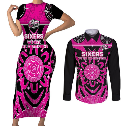 Custom Sydney Sixers Couples Matching Short Sleeve Bodycon Dress and Long Sleeve Button Shirt We Are The Champions Aboriginal Art