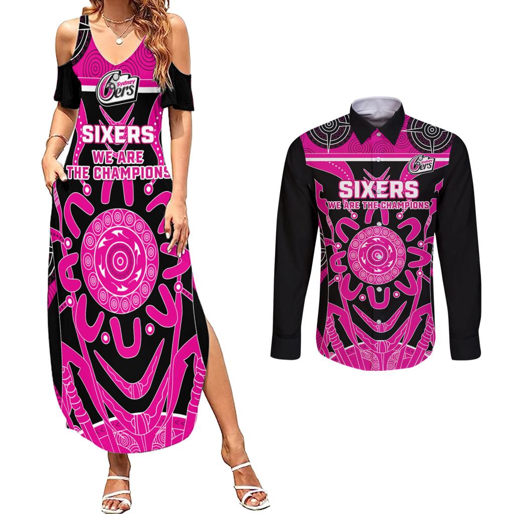 Custom Sydney Sixers Couples Matching Summer Maxi Dress and Long Sleeve Button Shirt We Are The Champions Aboriginal Art