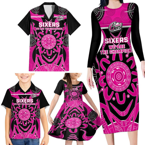 Custom Sydney Sixers Family Matching Long Sleeve Bodycon Dress and Hawaiian Shirt We Are The Champions Aboriginal Art