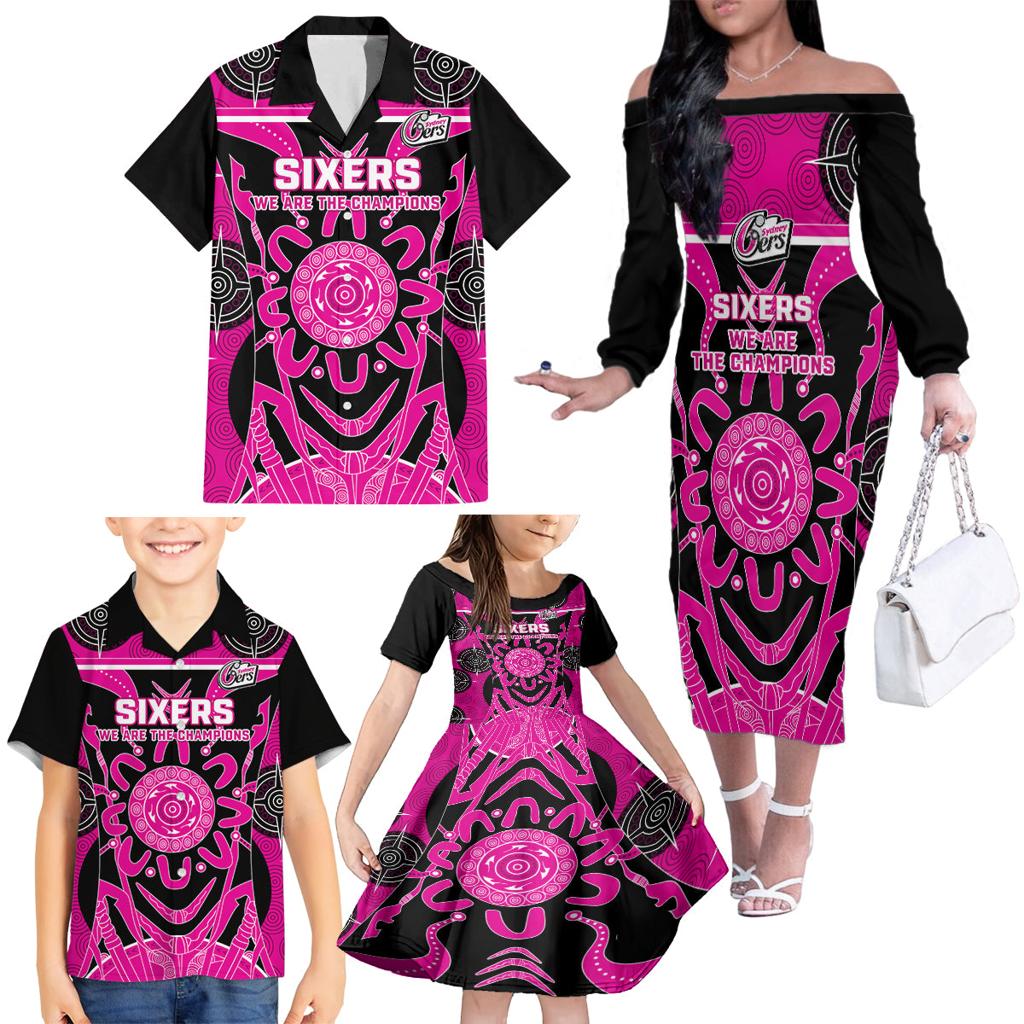 Custom Sydney Sixers Family Matching Off Shoulder Long Sleeve Dress and Hawaiian Shirt We Are The Champions Aboriginal Art