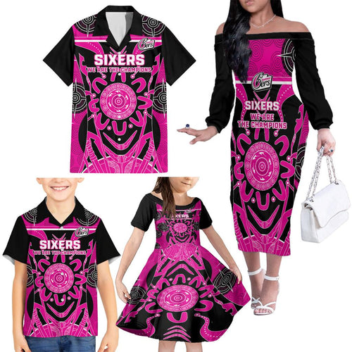 Custom Sydney Sixers Family Matching Off Shoulder Long Sleeve Dress and Hawaiian Shirt We Are The Champions Aboriginal Art