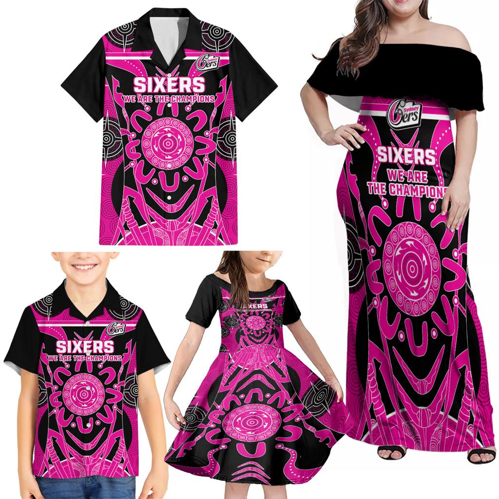 Custom Sydney Sixers Family Matching Off Shoulder Maxi Dress and Hawaiian Shirt We Are The Champions Aboriginal Art