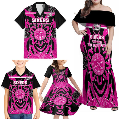 Custom Sydney Sixers Family Matching Off Shoulder Maxi Dress and Hawaiian Shirt We Are The Champions Aboriginal Art