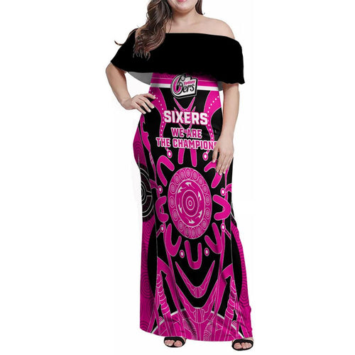 Custom Sydney Sixers Family Matching Off Shoulder Maxi Dress and Hawaiian Shirt We Are The Champions Aboriginal Art