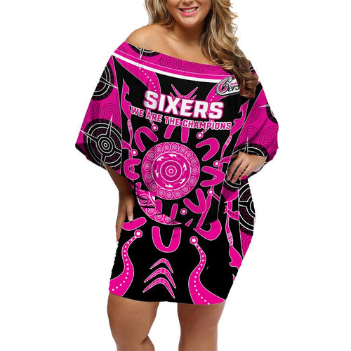 Custom Sydney Sixers Family Matching Off Shoulder Short Dress and Hawaiian Shirt We Are The Champions Aboriginal Art
