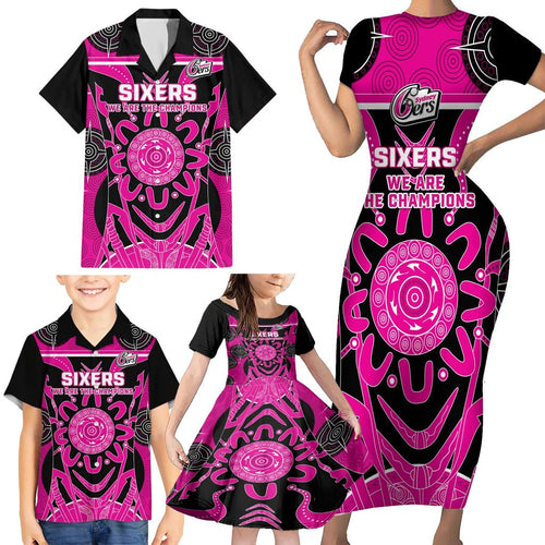 Custom Sydney Sixers Family Matching Short Sleeve Bodycon Dress and Hawaiian Shirt We Are The Champions Aboriginal Art