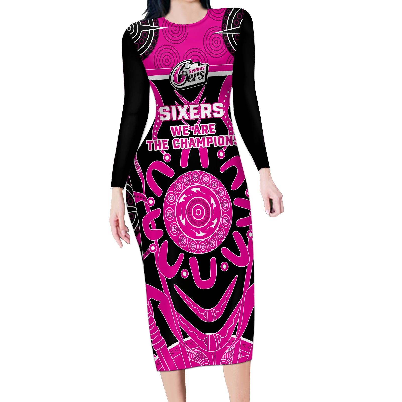 Custom Sydney Sixers Long Sleeve Bodycon Dress We Are The Champions Aboriginal Art