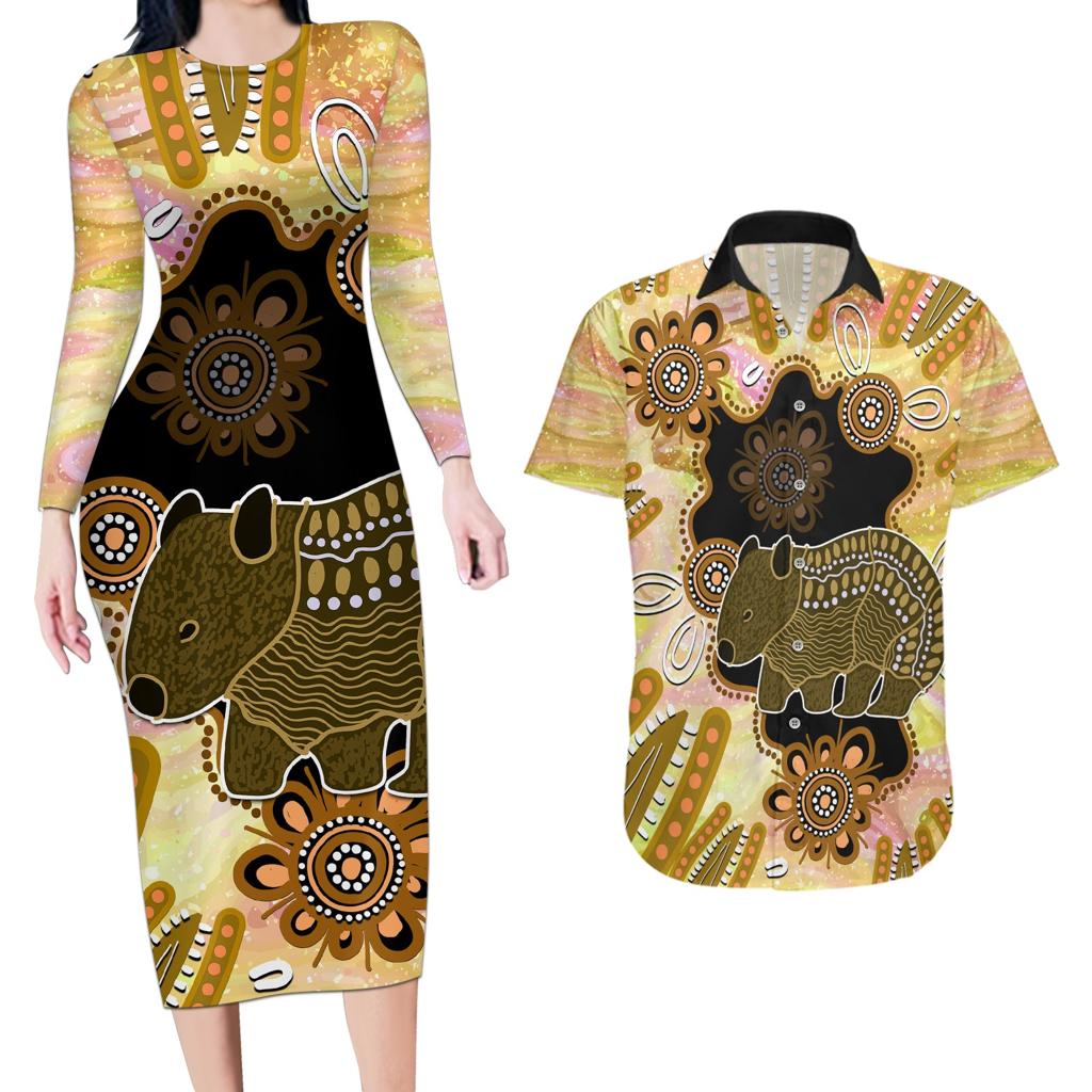 Australia Opal Wombat Couples Matching Long Sleeve Bodycon Dress and Hawaiian Shirt Aussie Aboriginal Art