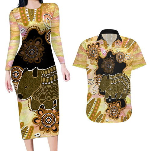 Australia Opal Wombat Couples Matching Long Sleeve Bodycon Dress and Hawaiian Shirt Aussie Aboriginal Art