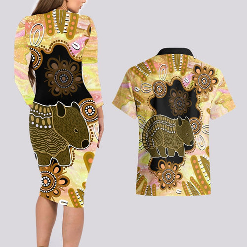 Australia Opal Wombat Couples Matching Long Sleeve Bodycon Dress and Hawaiian Shirt Aussie Aboriginal Art