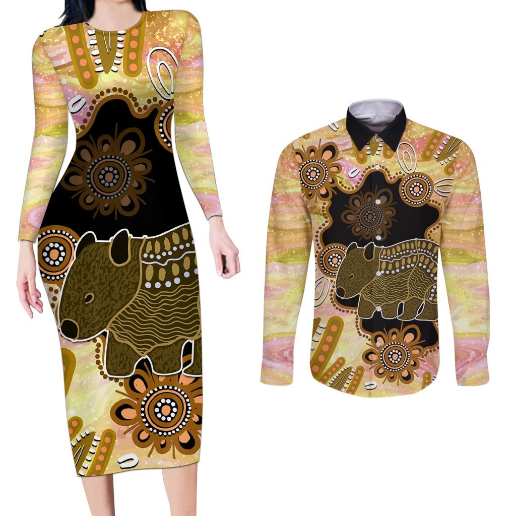 Australia Opal Wombat Couples Matching Long Sleeve Bodycon Dress and Long Sleeve Button Shirt Aussie Aboriginal Art