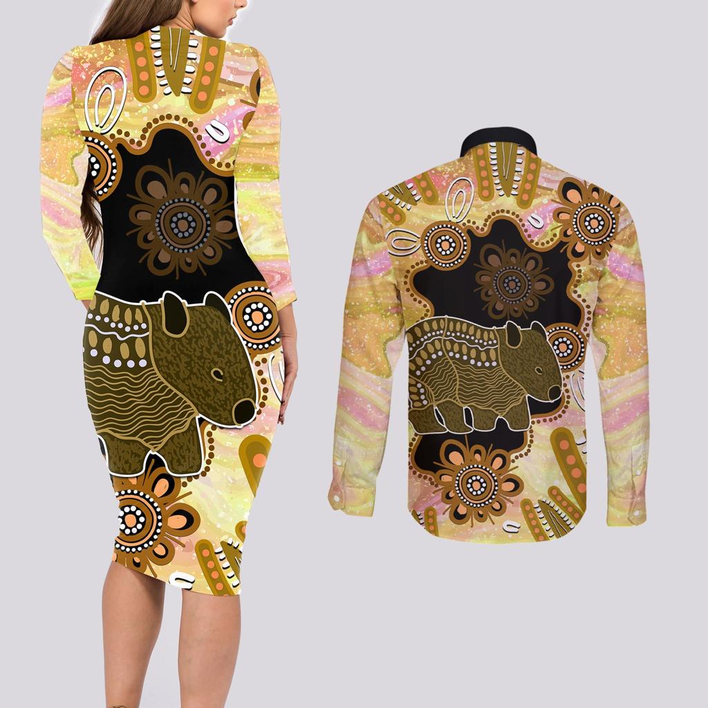 Australia Opal Wombat Couples Matching Long Sleeve Bodycon Dress and Long Sleeve Button Shirt Aussie Aboriginal Art