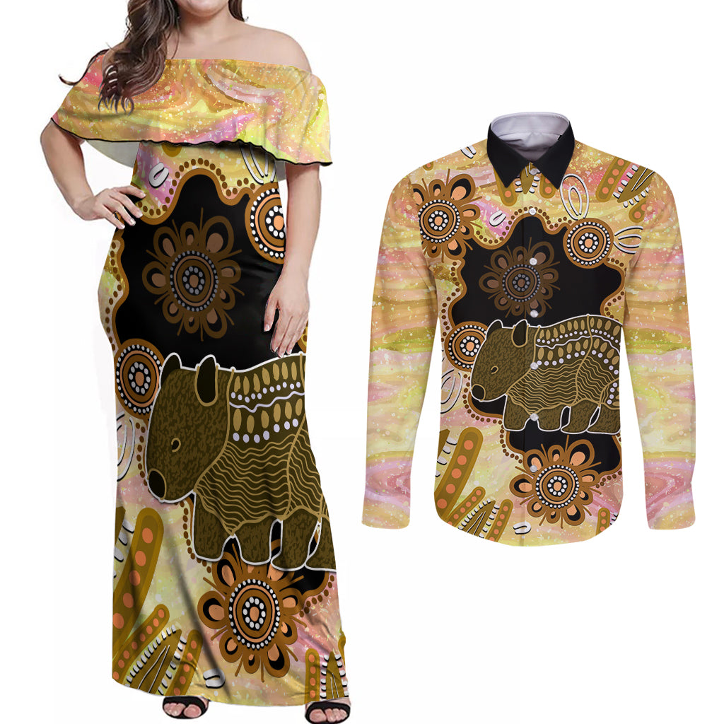 Australia Opal Wombat Couples Matching Off Shoulder Maxi Dress and Long Sleeve Button Shirt Aussie Aboriginal Art