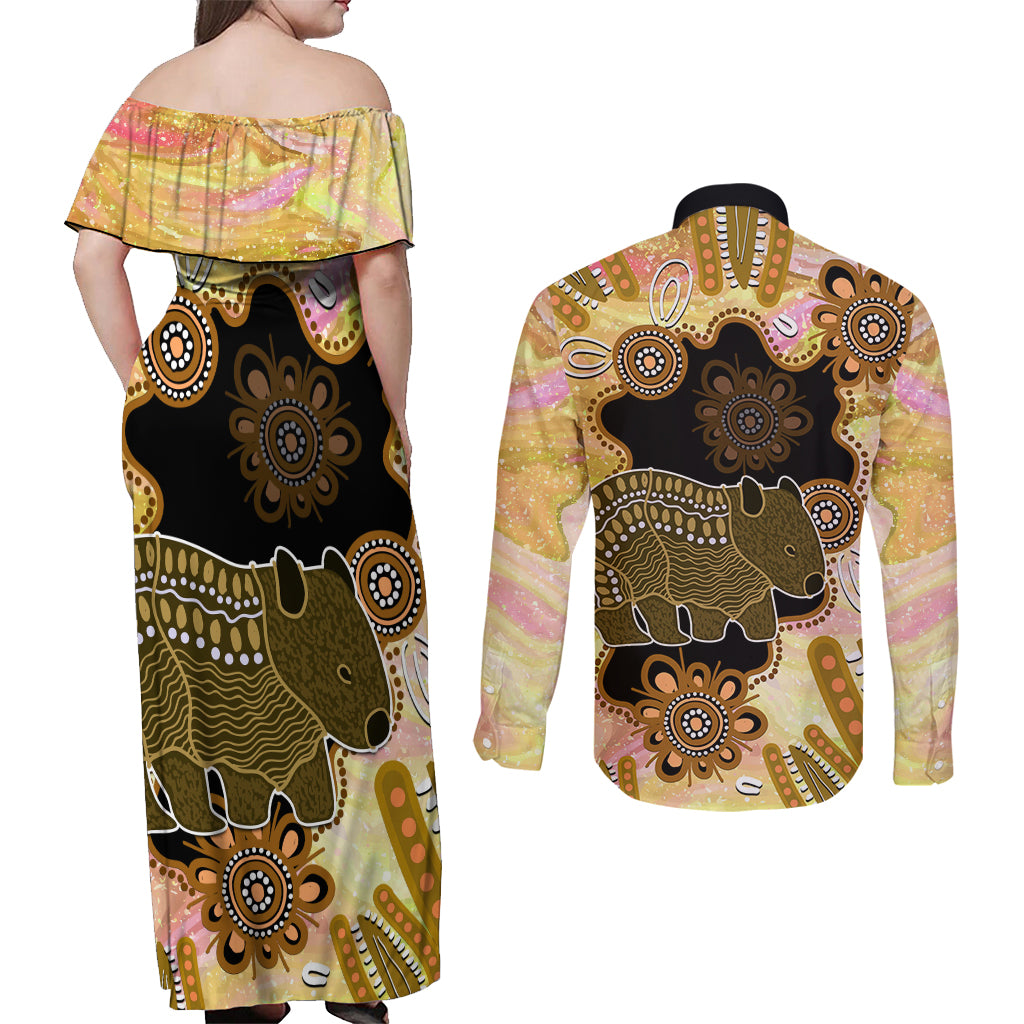 Australia Opal Wombat Couples Matching Off Shoulder Maxi Dress and Long Sleeve Button Shirt Aussie Aboriginal Art