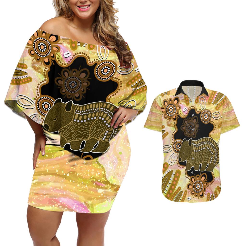 Australia Opal Wombat Couples Matching Off Shoulder Short Dress and Hawaiian Shirt Aussie Aboriginal Art