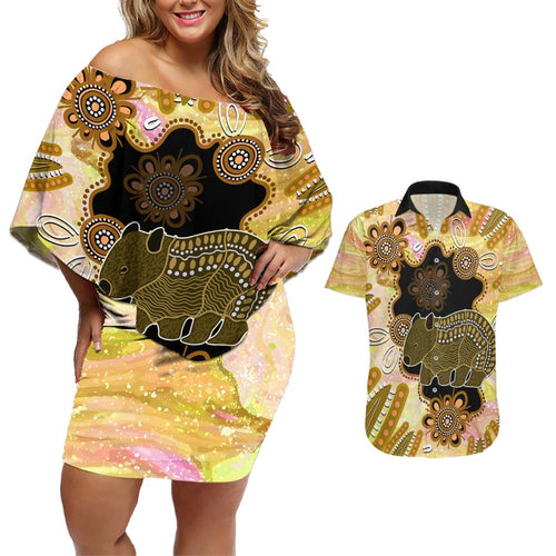 Australia Opal Wombat Couples Matching Off Shoulder Short Dress and Hawaiian Shirt Aussie Aboriginal Art