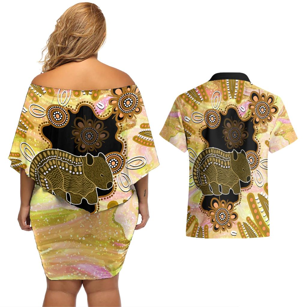 Australia Opal Wombat Couples Matching Off Shoulder Short Dress and Hawaiian Shirt Aussie Aboriginal Art