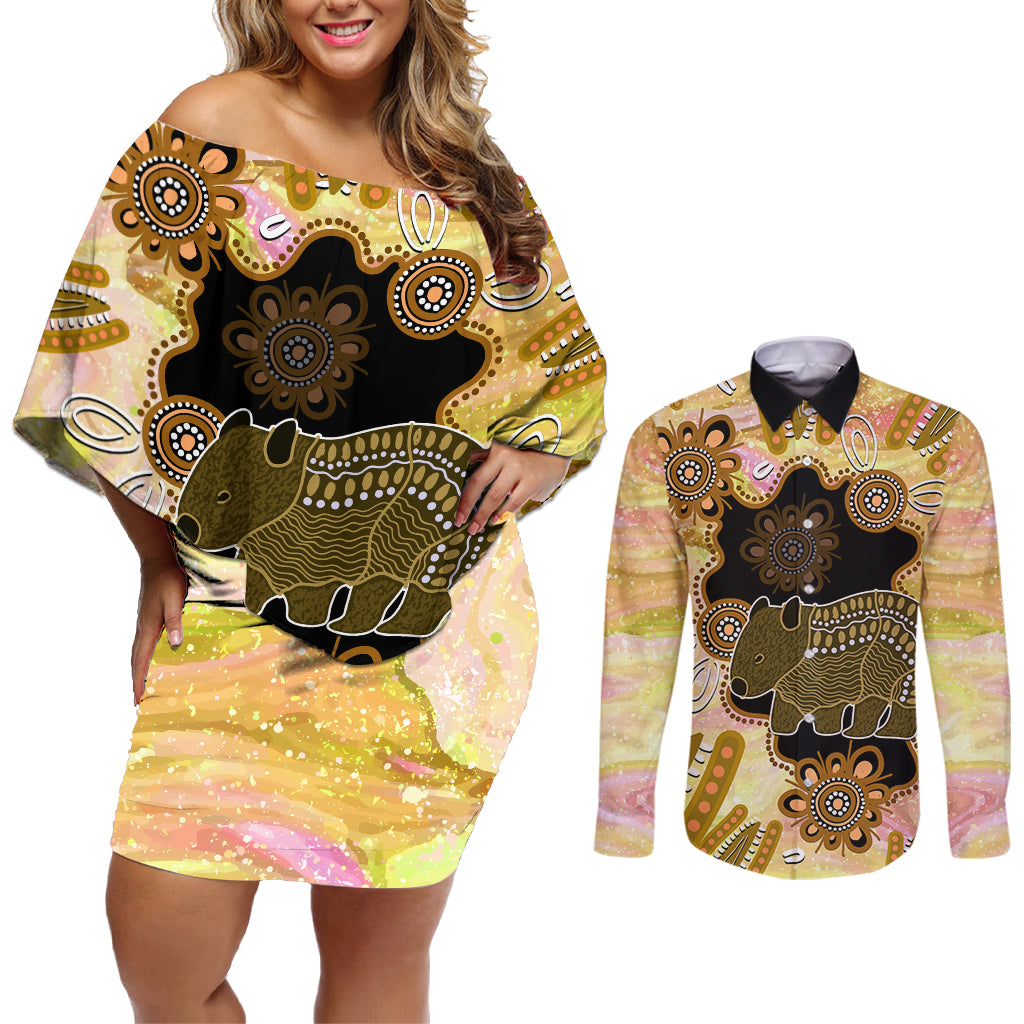 Australia Opal Wombat Couples Matching Off Shoulder Short Dress and Long Sleeve Button Shirt Aussie Aboriginal Art