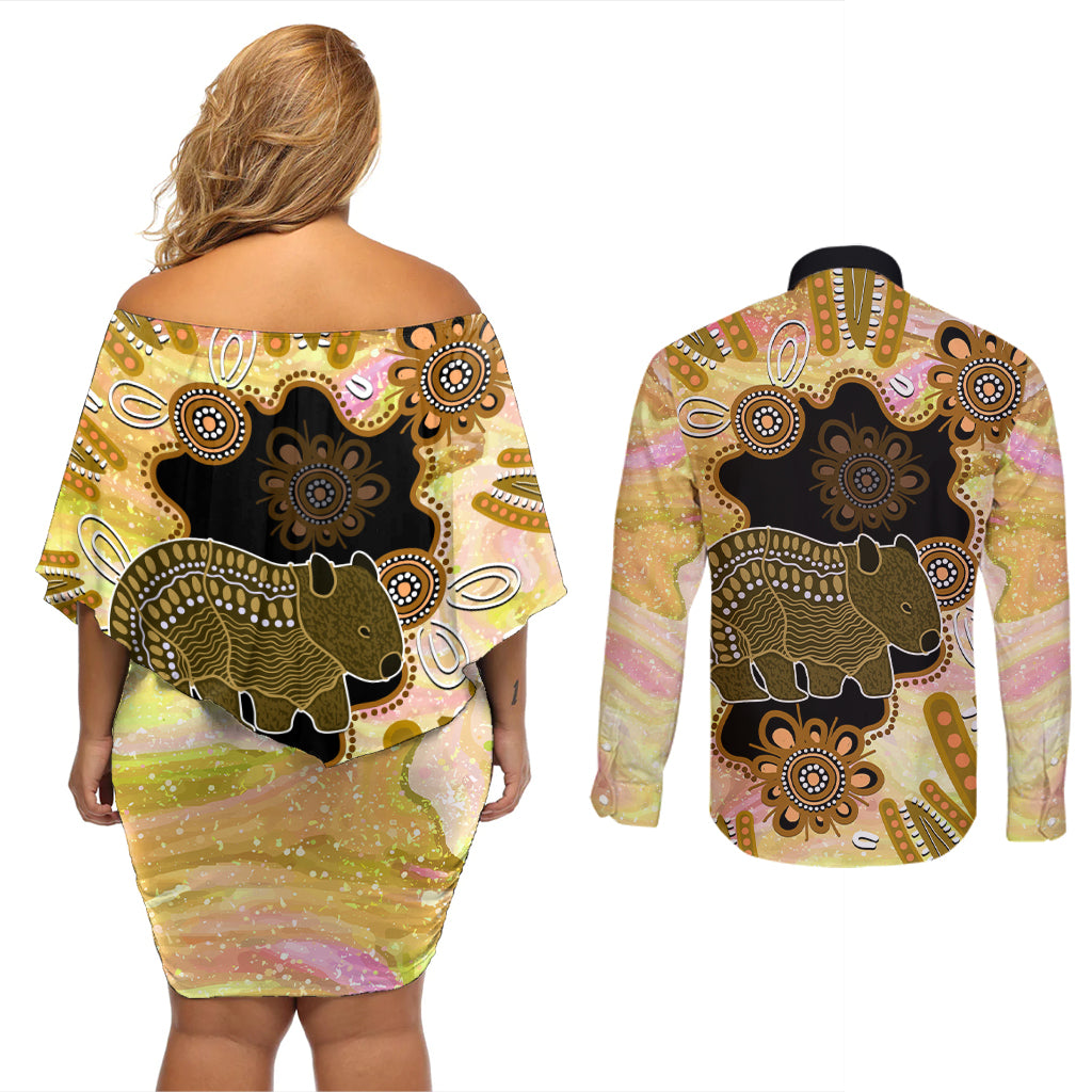 Australia Opal Wombat Couples Matching Off Shoulder Short Dress and Long Sleeve Button Shirt Aussie Aboriginal Art
