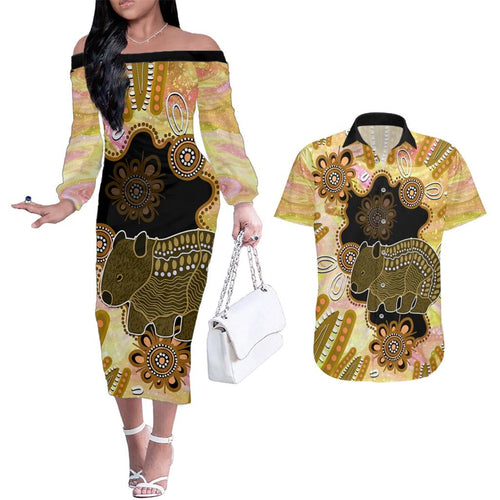 Australia Opal Wombat Couples Matching Off The Shoulder Long Sleeve Dress and Hawaiian Shirt Aussie Aboriginal Art