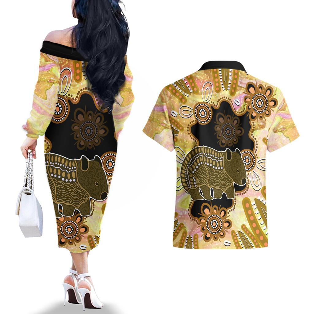 Australia Opal Wombat Couples Matching Off The Shoulder Long Sleeve Dress and Hawaiian Shirt Aussie Aboriginal Art