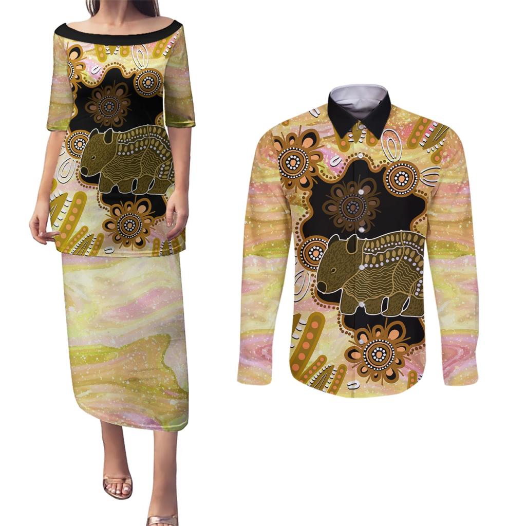 Australia Opal Wombat Couples Matching Puletasi and Long Sleeve Button Shirt Aussie Aboriginal Art