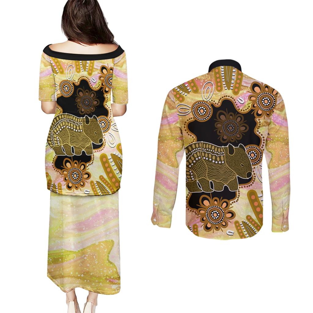 Australia Opal Wombat Couples Matching Puletasi and Long Sleeve Button Shirt Aussie Aboriginal Art