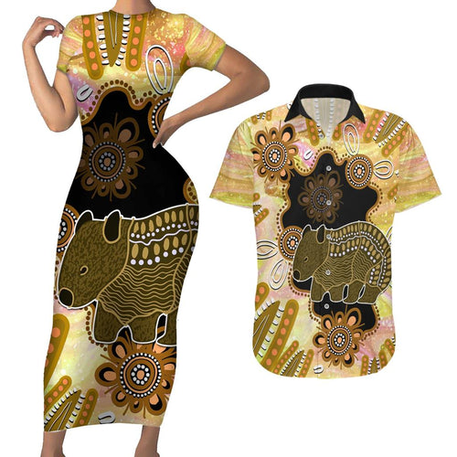 Australia Opal Wombat Couples Matching Short Sleeve Bodycon Dress and Hawaiian Shirt Aussie Aboriginal Art
