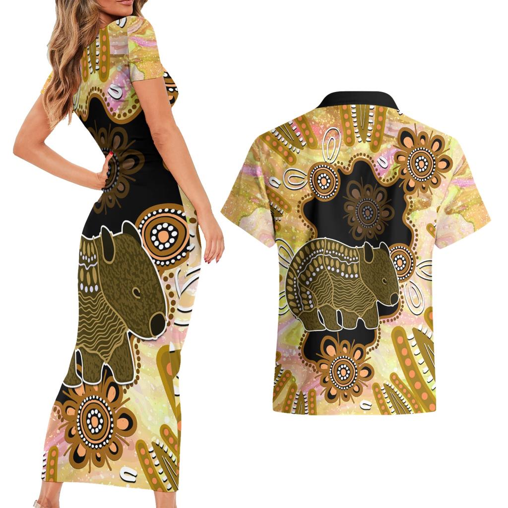 Australia Opal Wombat Couples Matching Short Sleeve Bodycon Dress and Hawaiian Shirt Aussie Aboriginal Art