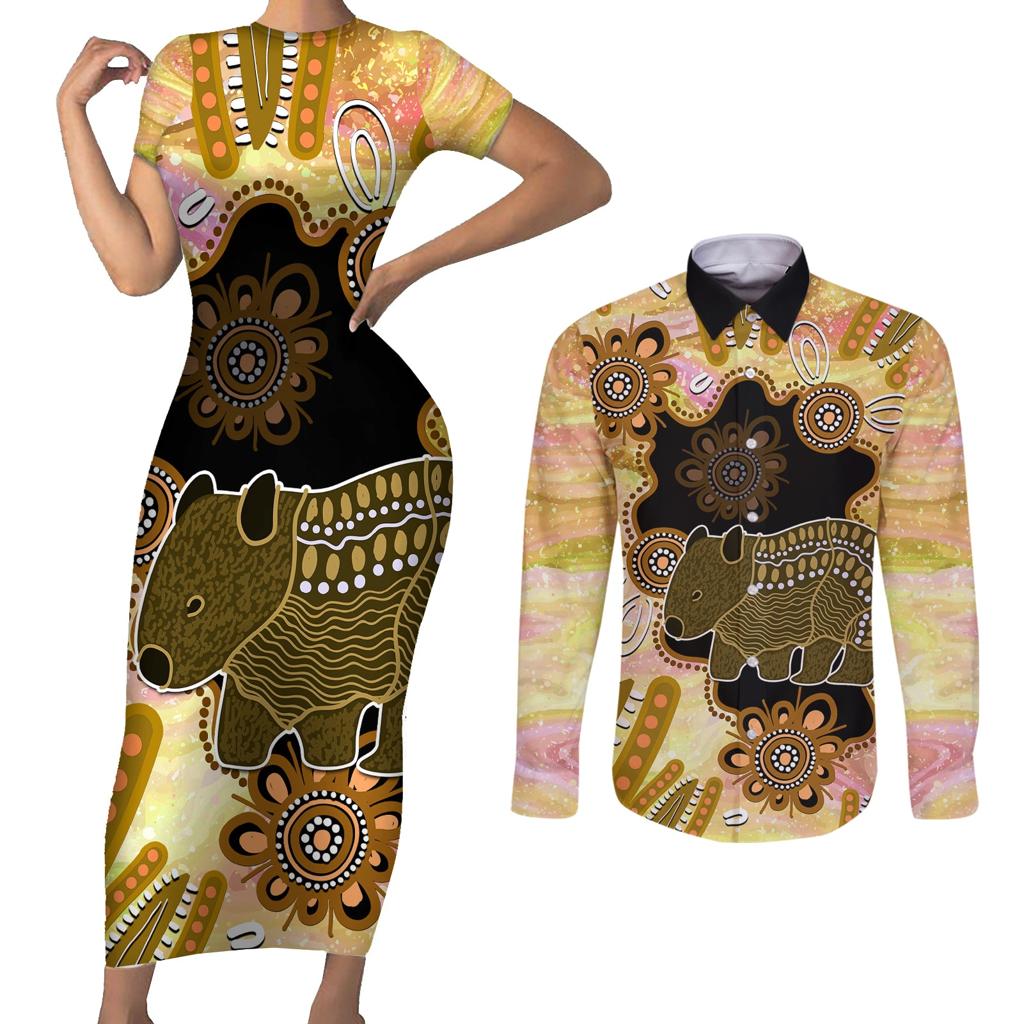 Australia Opal Wombat Couples Matching Short Sleeve Bodycon Dress and Long Sleeve Button Shirt Aussie Aboriginal Art