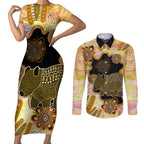 Australia Opal Wombat Couples Matching Short Sleeve Bodycon Dress and Long Sleeve Button Shirt Aussie Aboriginal Art