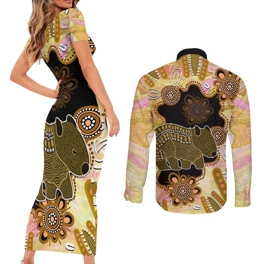 Australia Opal Wombat Couples Matching Short Sleeve Bodycon Dress and Long Sleeve Button Shirt Aussie Aboriginal Art
